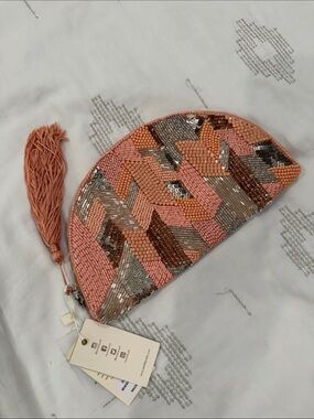 Beaded Coral Tassel Zip Clutch